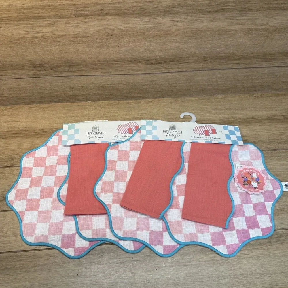 Luzoh Collective Placemat Napkin Set Linen Pink Gingham Boho Chic Portugal